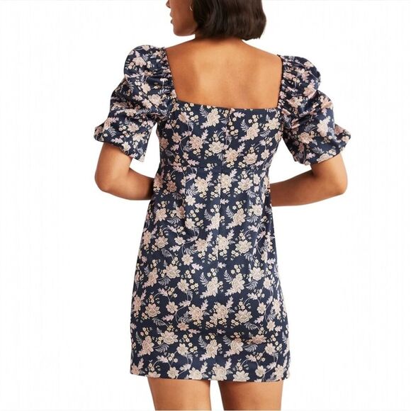 Boden Navy Floral Chintz Bloom Puff Sleeve Cut Out Mini Dress Cotton Size US 4 - Picture 4 of 11